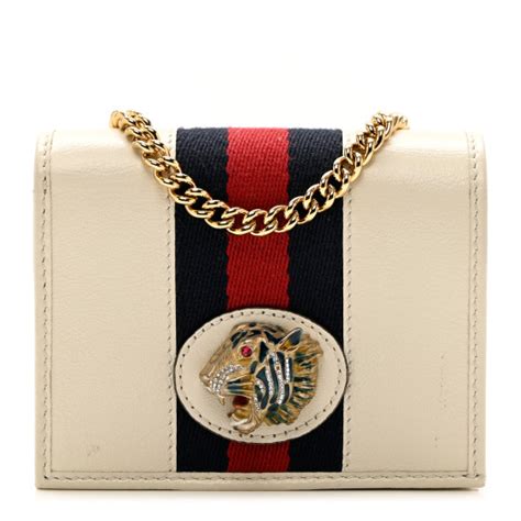 GUCCI Calfskin Web Rajah Chain Card Case Wallet White 